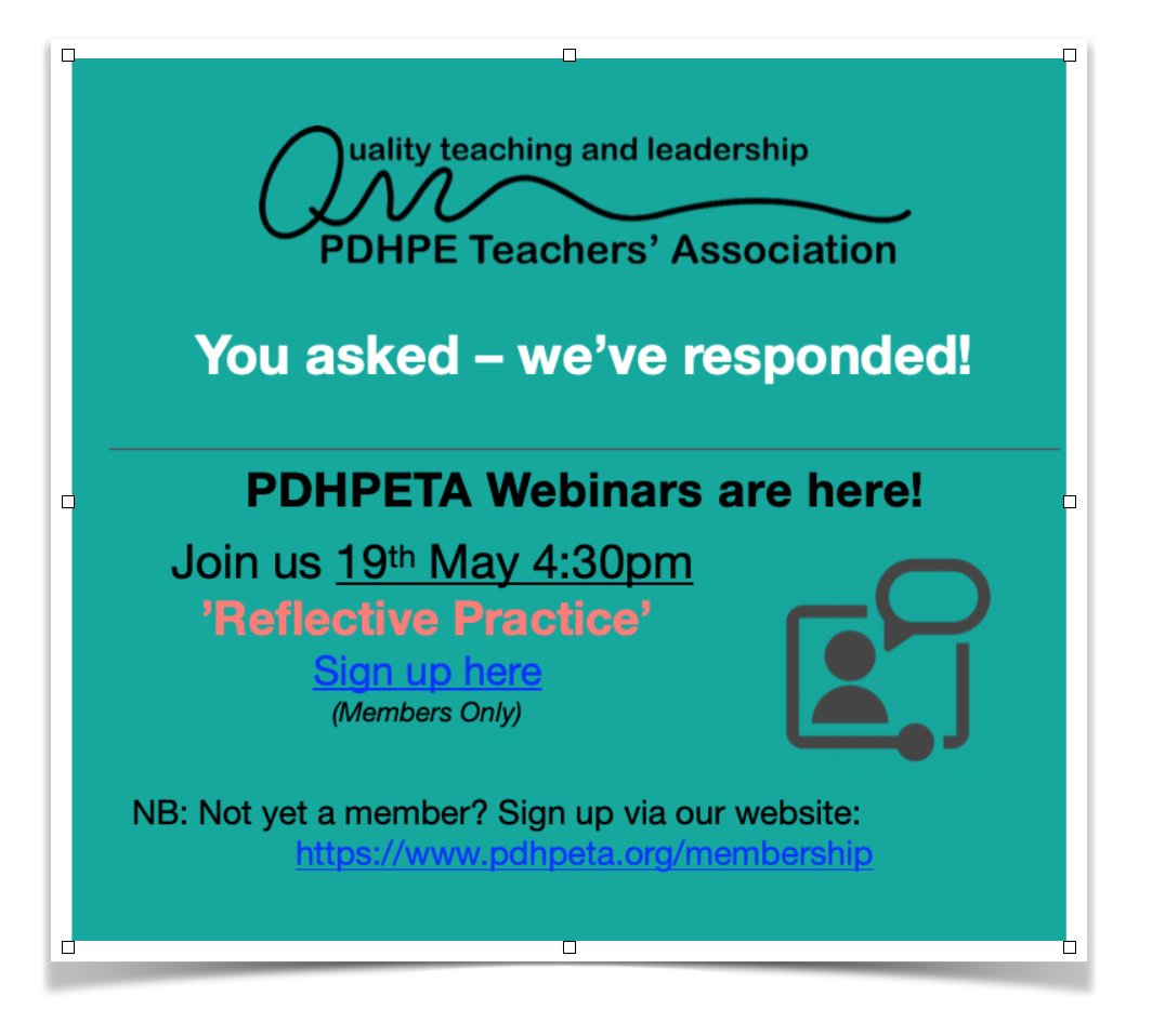 PDHPETA1's tweet photo. PDHPETA Webinars are here!
Join us 19th May 4:30pm
’Reflective Practice’
Sign up here
https://t.co/LdAgmta51E

(Members Only) https://t.co/jpstY6DBrx