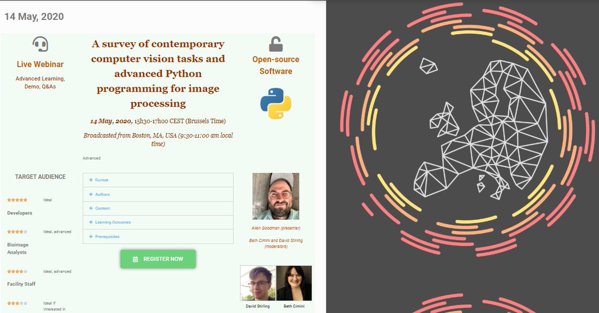 Rocco D'Antuono (@rogerdantuono) on Twitter photo today
Computer Vision and Advanced Python programming with <a href="/0x00B1/">Allen Goodman</a> <a href="/BoSoxBioBeth/">Beth Cimini 🔬💻 📊</a> and <a href="/DavidRStirling/">David Stirling</a>
15h30-17h00 CEST (Brussels Time)
Register: docs.google.com/forms/d/e/1FAI…
@NEUBIAS_COST #NeubiasAcademy today
Computer Vision and Advanced Python programming with <a href="/0x00B1/">Allen Goodman</a> <a href="/BoSoxBioBeth/">Beth Cimini 🔬💻 📊</a> and <a href="/DavidRStirling/">David Stirling</a>
15h30-17h00 CEST (Brussels Time)
Register: docs.google.com/forms/d/e/1FAI…
@NEUBIAS_COST #NeubiasAcademy