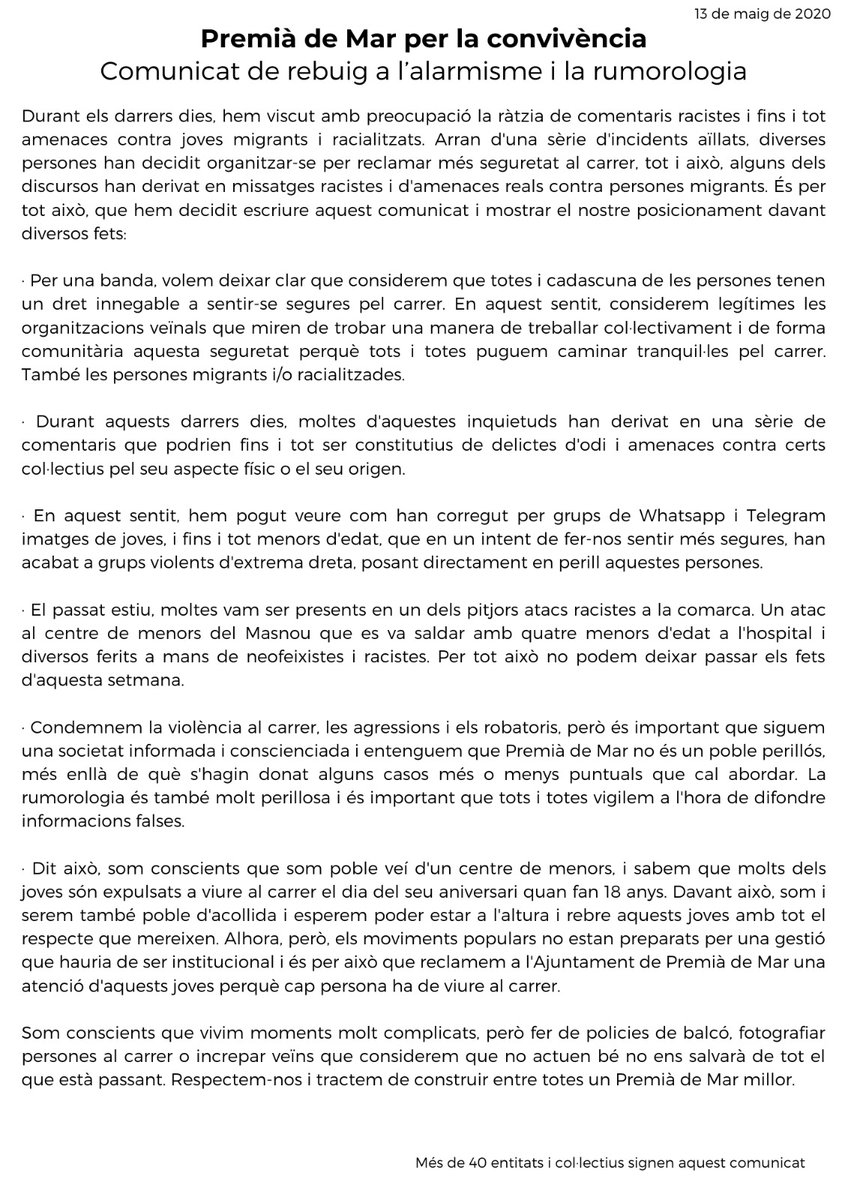 UCFR_Premia's tweet photo. Més de 40 col·lectius de Premià de Mar demanen combatre l'alarmisme i la rumorologia després que els incidents dels darrers dies hagin derivat en amenaces racistes contra joves migrants. https://t.co/Z9u0mK6Oey