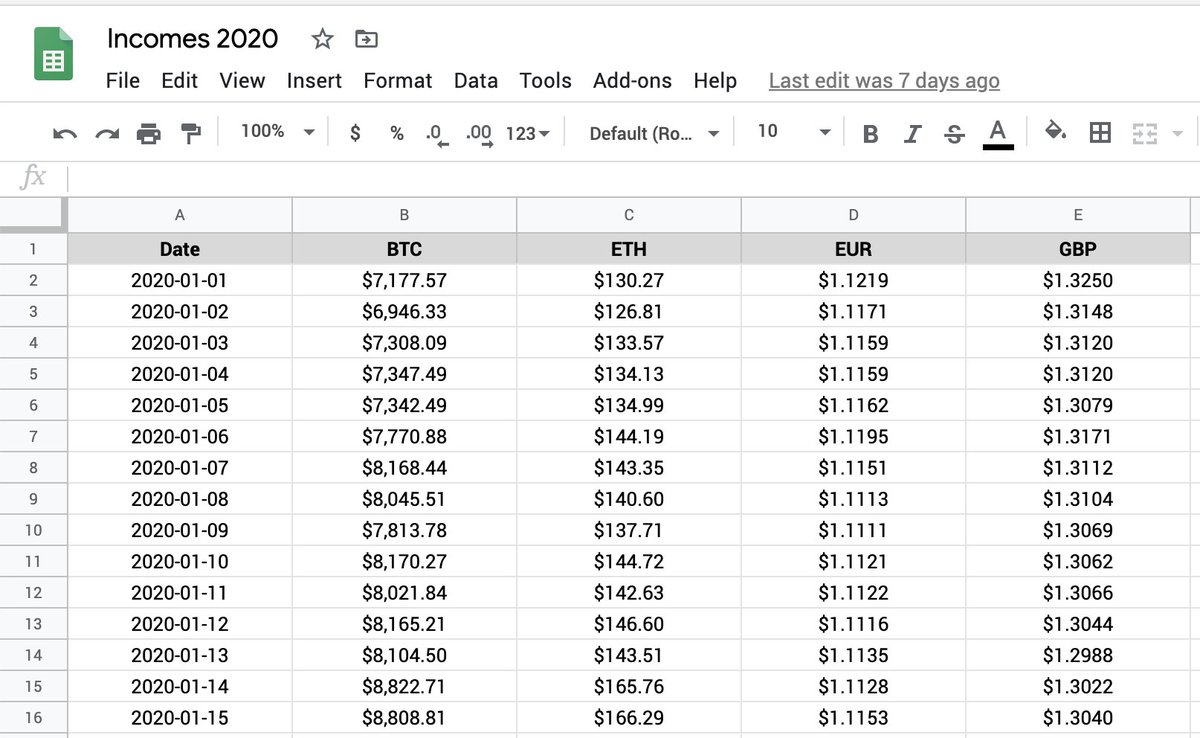 9/25Importantly, each column from row 2 to row 367 is defined as a named range:+ RATE_DATES+ BTC_RATES+ ETH_RATES+ EUR_RATES+ GBP_RATESYou need this for computing the crypto values in fiat. To see all named ranges, click right on any cell and then "Define named range".