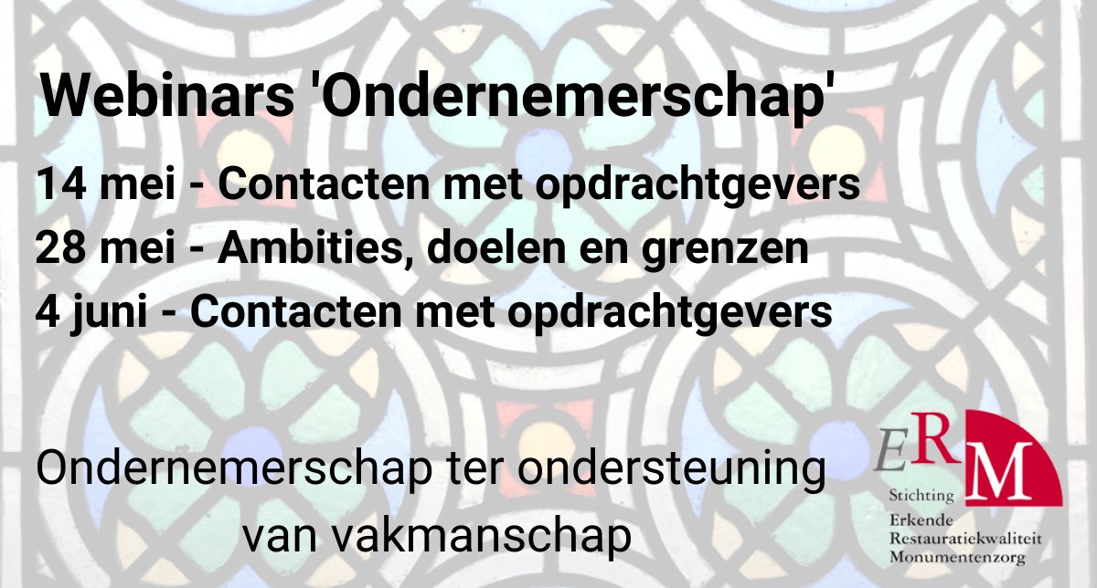 Goed nieuws! Vanwege de vele aanmeldingen organiseren wij op 4 juni een 2e webinar voor ERM-specialisten over 'Contacten met opdrachtgevers'. Vandaag spreekt collega Gerrit de Heer hierover met gastspreker Isja Finaly van Vereniging <a href="/Hdkeyser/">Hendrick de Keyser Monumenten</a>. Kijk op: stichtingerm.nl/nieuws/webinar…