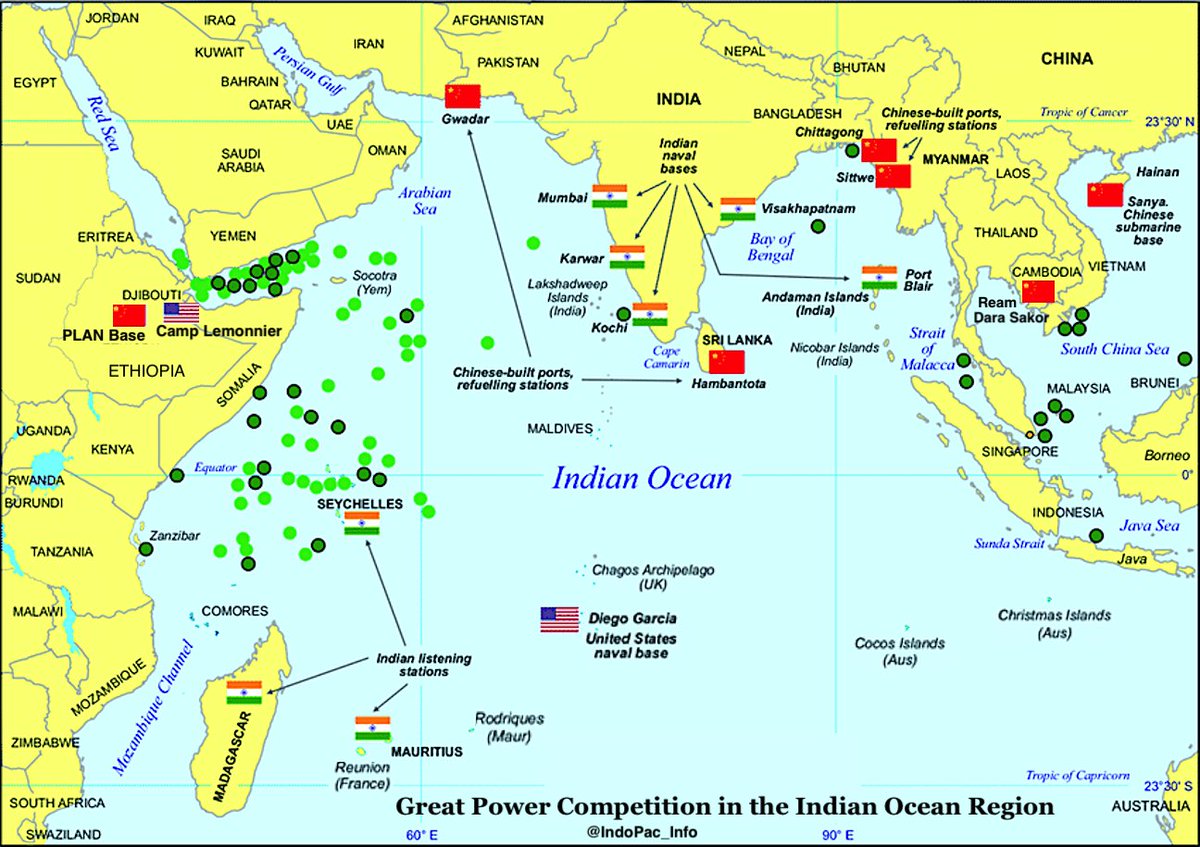 5: Some maps of the  #IndoPacific:A)  #Indian military basesB) Andaman & Nicobar islandsC) Great power competition in the Indian OceanD) Securing the oil supply chain for  #China