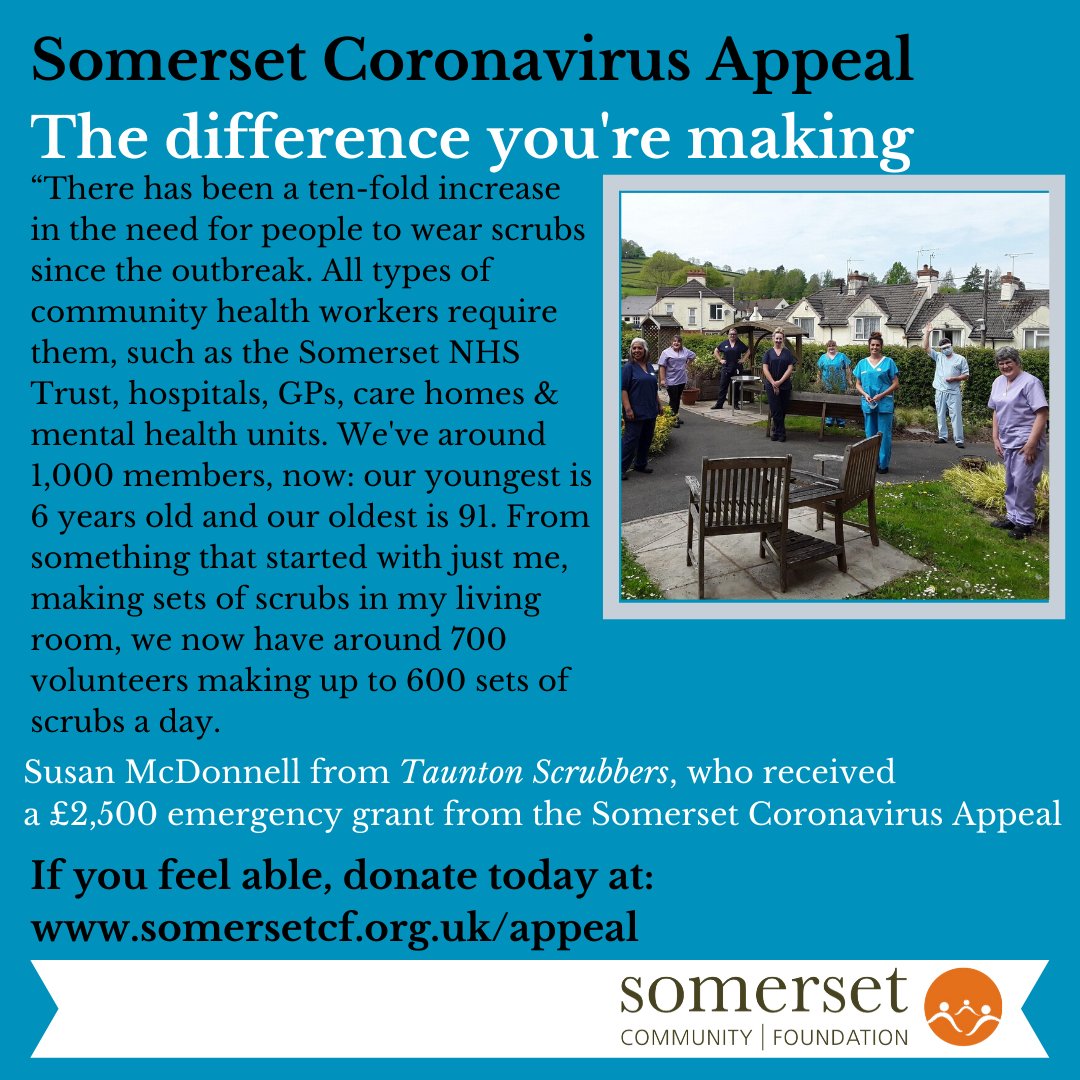 Read our story about <a href="/tauntonscrubs/">taunton scrubbers</a>: a group of volunteers supporting community health workers &amp; #NHS in #Taunton by putting their sewing skills to great use. They tell us how a £2.5k grant from the #Somerset #Coronavirus Appeal has helped them. Read more: bit.ly/2Z4IFMu