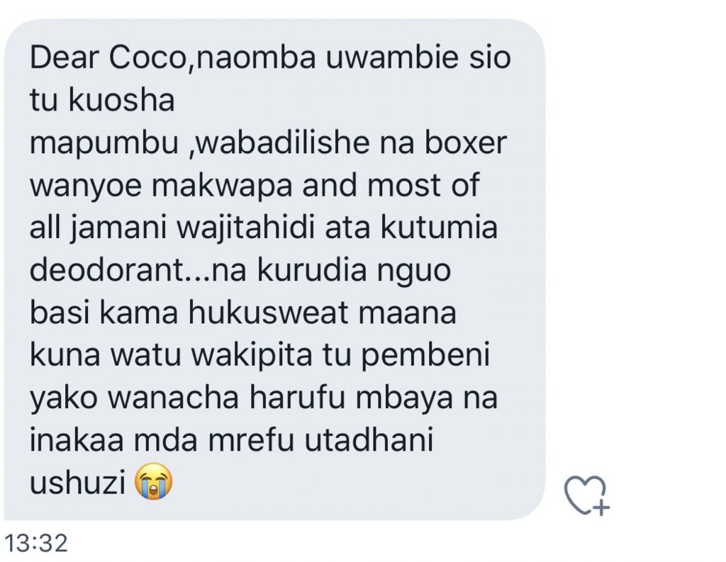  #DearCoco tunaomba wajitahidi kubadilisha boxer pia