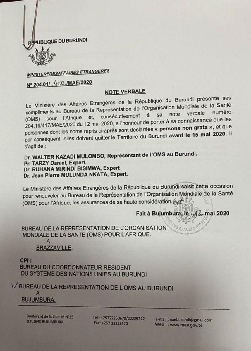 Ahead of the Presidential elections to be held on May 20th, Burundi has expelled WHO country head Walter Kazadi Mulombo and three others, declaring them…