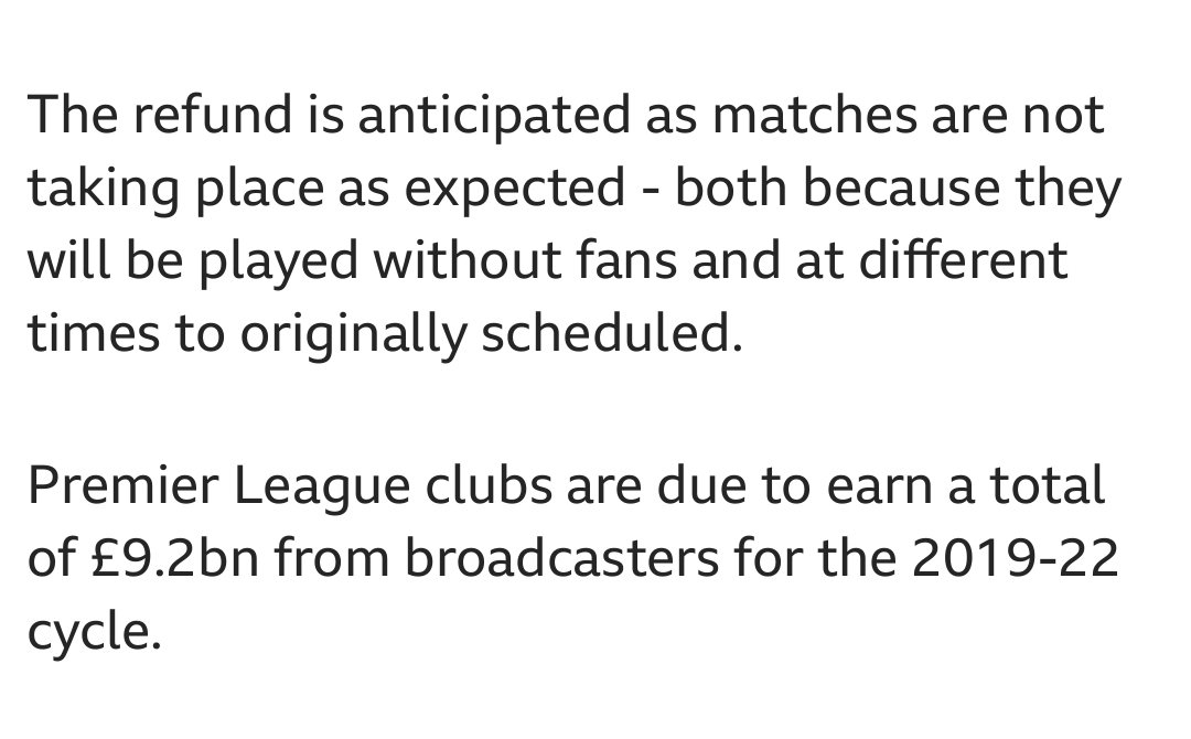 One very interesting thing in the refund discussions between the PL and broadcasters is the idea refunds will be paid because games didn't take place when scheduled *and* because they are behind closed doors. In other words, fans increase the financial value of the product...1/