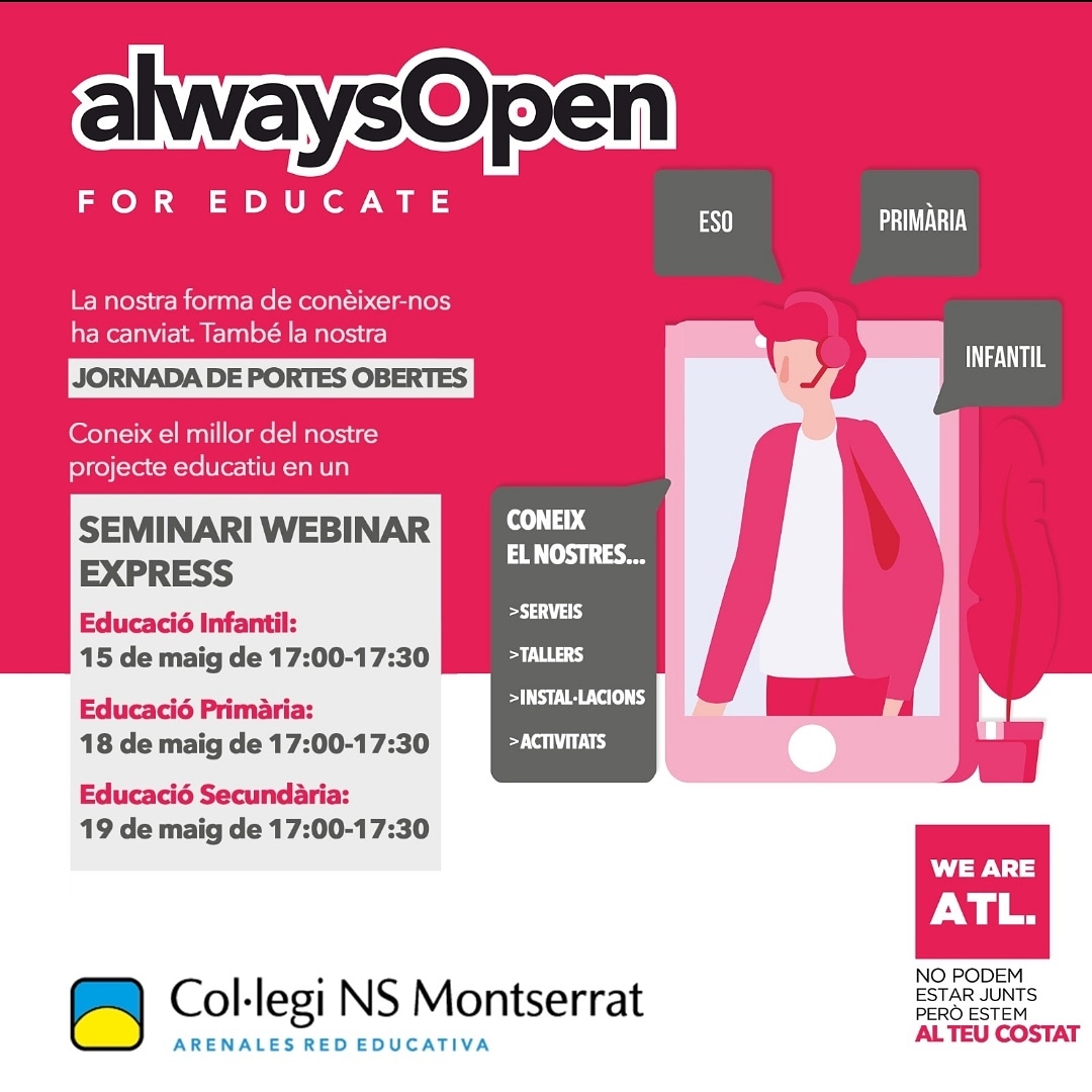 Colnsmontserrat's tweet photo. No us perdeu les nostres portes obertes virtuals! 🏫 Resoldrem dubtes ❔i podreu conèixer amb més detall el nostre projecte educatiu!👧🧒📚 Podeu apuntar-vos al nostre web https://t.co/AFuimPD1R2 #ATC #Growingtogether #keepinteach #preinscripció @RedArenales https://t.co/gfp53o4mmg