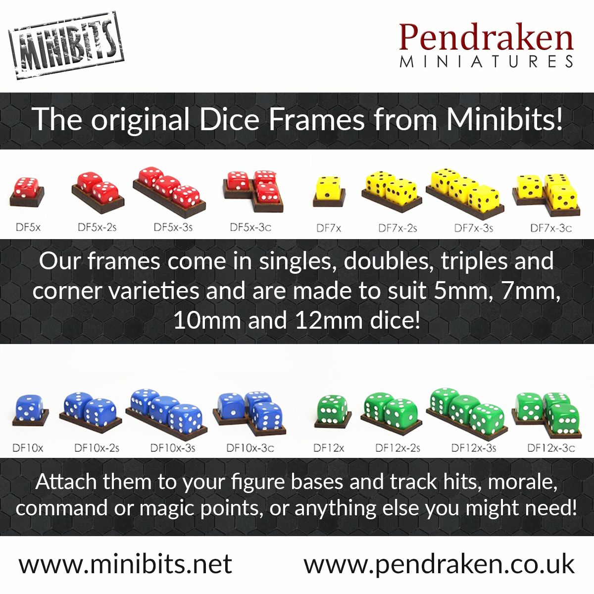 pendraken's tweet photo. Since launching them in 2012, our Dice Frames have proven hugely popular! Available as singles, doubles, triples or corners, to suit 5mm/7mm/10mm or 12mm dice, we’ve got every option covered! Available here: https://t.co/XKnrgHXUKL #minibits #wargaming #diceframes https://t.co/0qbFlbkF3e