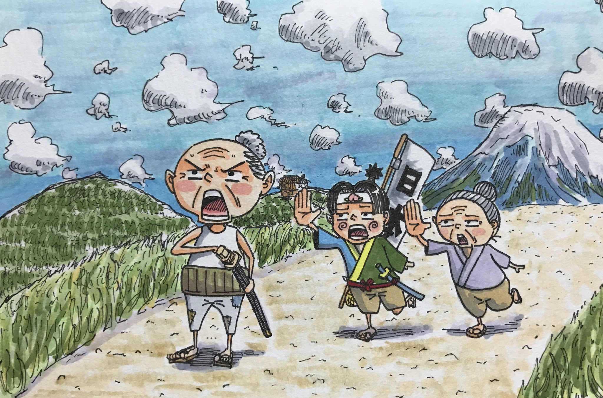 Twitter 上的 Takaaaagi イラスト 創作 少しずつ作品をご紹介 おじいさん いざ 鬼退治へ おばあさん 桃太郎 いや ちょっと それぞれみんなが主人公 イラスト 桃太郎 絵 手描き コピック 絵描きさんと繋がりたい Fashion Pen Copic