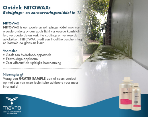 MAVRO_int's tweet photo. NITOWAX biedt zowel reiniging als tijdelijke bescherming van de ondergrond en kleur en glans van de ondergrond worden hersteld. Gebruik NITOWAX bij verweerde kozijnen, waterslagen, gevelbeplating en verpoederde coatings. Sample aanvragen kan via: https://t.co/nbq2LV1Wbh. https://t.co/cFXKBzuOMQ