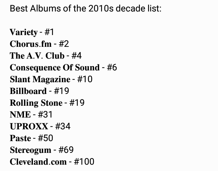 𝐆𝐐: Few artists get to make one album like 1989 in their careers; Swift, it seems, has more of them to come.𝐍𝐏𝐑: critic Ken Tucker compared it to The Beatles' Sgt. Pepper's Lonely Hearts Club Band, as both records were "designed to be listened to from first cut to last."