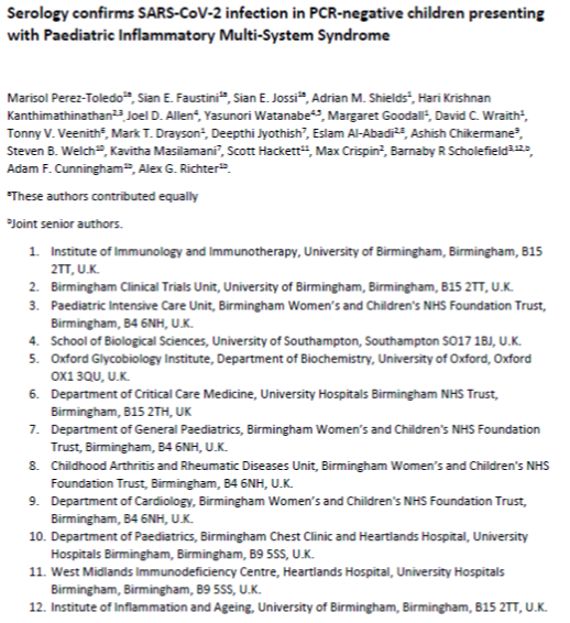 AFC_immuno's tweet photo. First ever tweet &amp; about a virus, ironic. New preprint from @unibirmingham 8 kids with PIMS/#KawasakiDisease-like, all #PCR-ve &amp; strong #COVID19 Ab+ve. Prob means infected wks ago, controlled virus, disease tragic side-effect of imm sys working @AlexRichter3 @BarneyUoB @The_MRC https://t.co/M0icu1MIlX