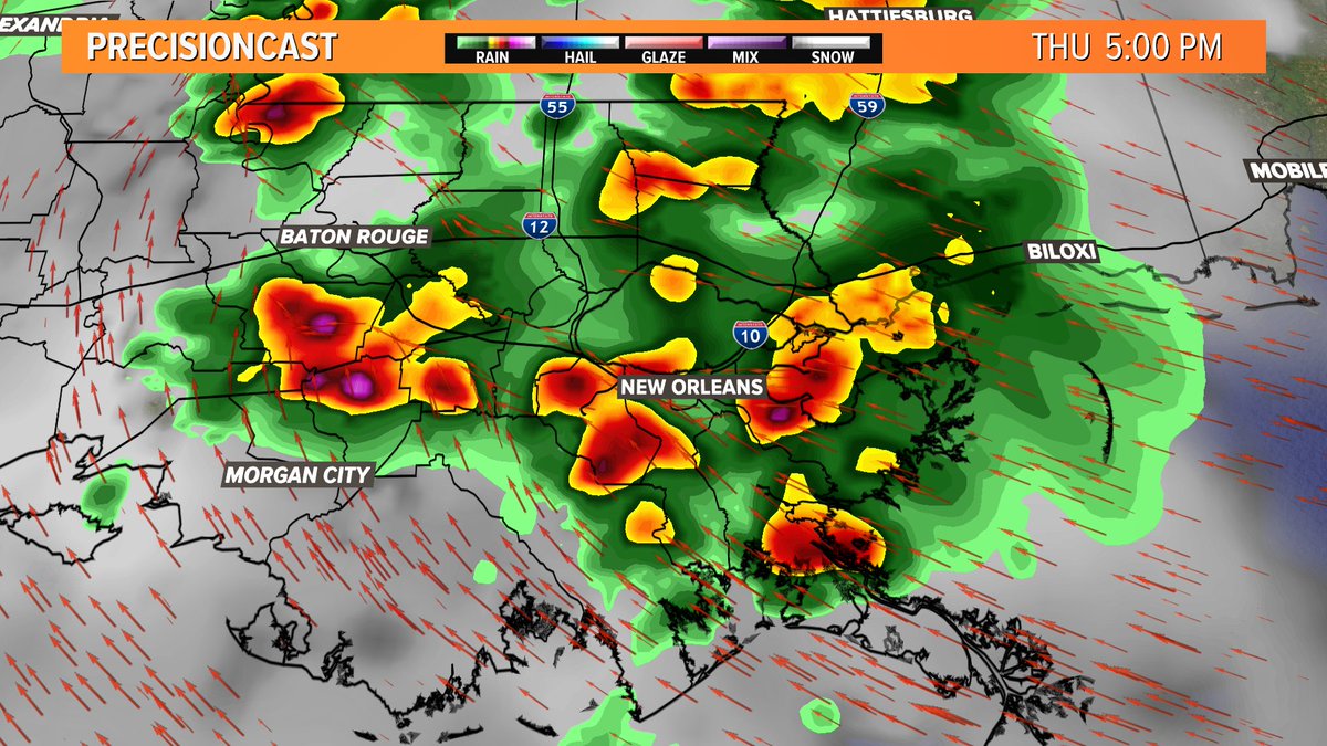 Dave_Nussbaum's tweet photo. ⚠️Threat for Heavy Rain across the #NewOrleans area today! Sct'd storms develop late-morning and continue into the evening. We could pick up 1-3"+ of rain. Street flooding is possible! Stay weather aware today. #lawx #BeOn4 @WWLTV https://t.co/smRFee252A
