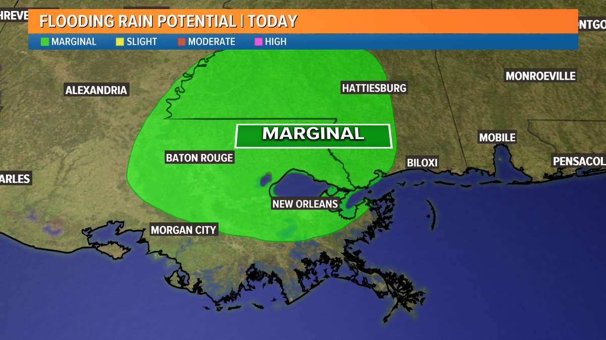 Dave_Nussbaum's tweet photo. ⚠️Threat for Heavy Rain across the #NewOrleans area today! Sct'd storms develop late-morning and continue into the evening. We could pick up 1-3"+ of rain. Street flooding is possible! Stay weather aware today. #lawx #BeOn4 @WWLTV https://t.co/smRFee252A