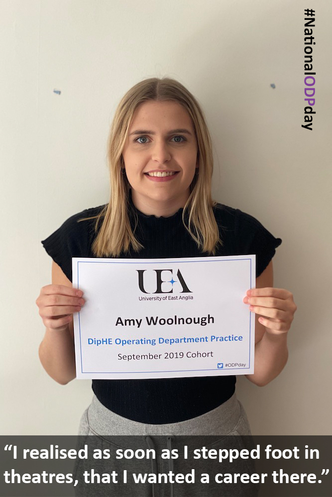 Another current student next. Amy is part of our 2019 cohort having been a theatre support worker before starting the programme. Amy's cohort has been affected by  #COVID19 and they are now having to learn online.  #ODPday  #NationalODPday  #LoveyourODP
