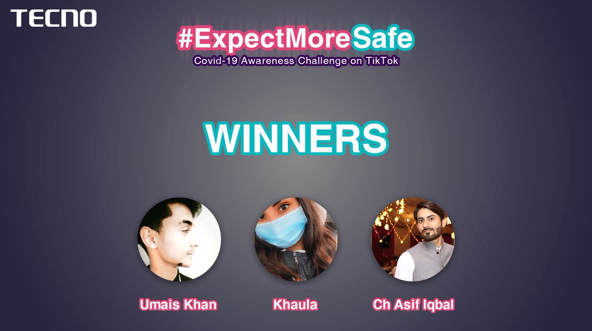 TecnoMobilePK's tweet photo. CONGRATULATIONS to these winners on winning our brand new #Camon15 for #ExpectMoreSafe Challenge.We thank all our participants who joined us to spread awareness against the Virus. Winners, kindly inbox us your details. 

#TecnoMobilePakistan  #StayHome https://t.co/7975IoBl3P