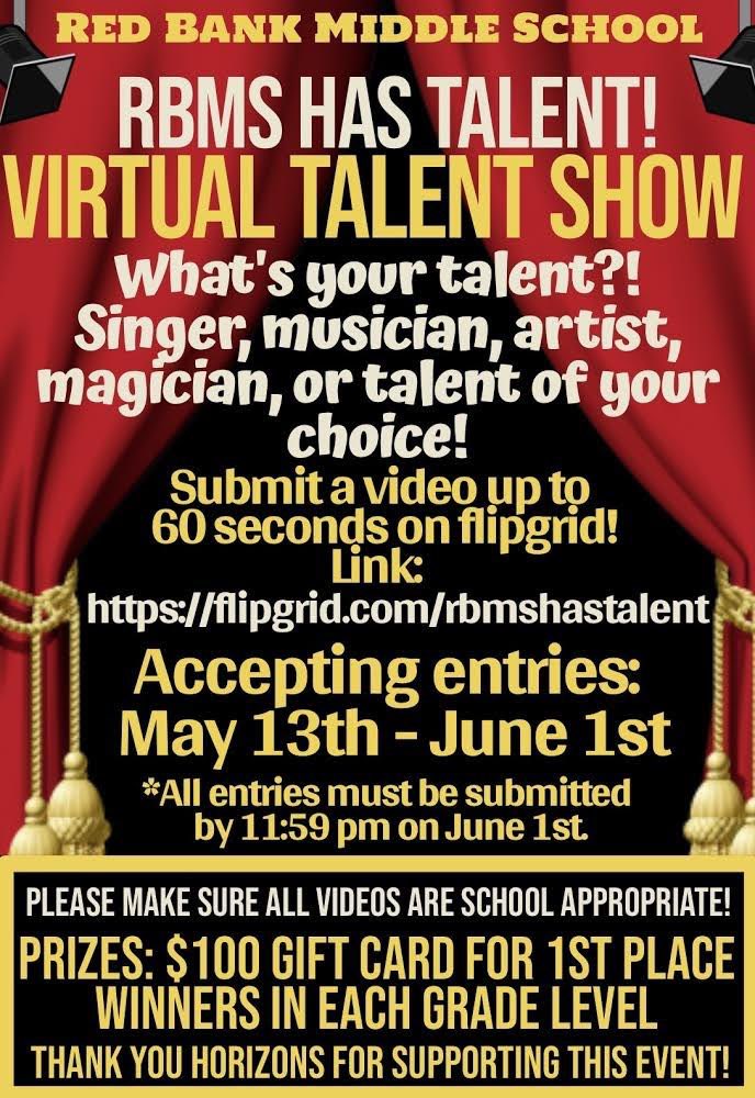 rbmsROCKETS's tweet photo. Calling on all RBMS Rockets 🚀 to submit your video for our 1st RBMS Virtual Talent Show! 💃 🕺 And, there are prizes! Check out the details below ⬇️ @rbmsROCKETS @RbmsVp @RedBankSup @DreamBigRB https://t.co/ETF3MtL1fi