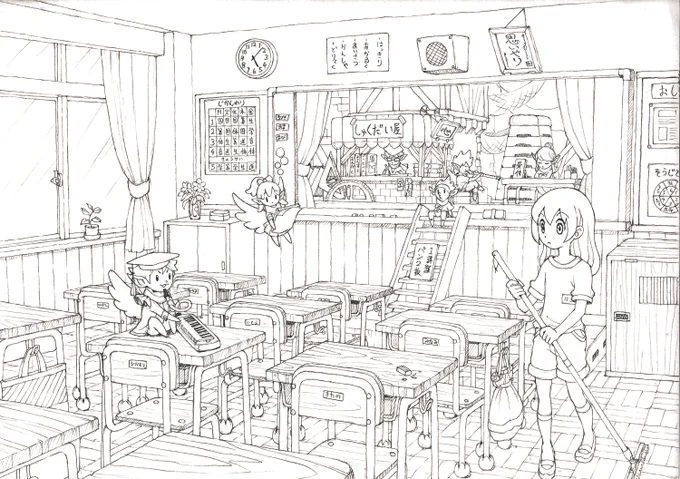#塗り絵
「学校の宿題を代わりにやってくれる妖精さん」のぬり絵です。お暇つぶしにどうぞ 