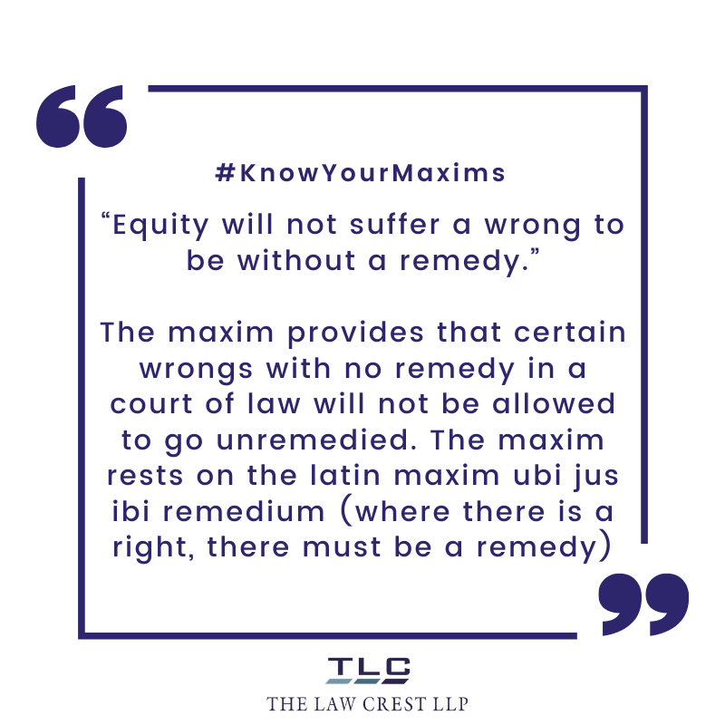 TheLawCrestLLP's tweet photo. The maxim provides that certain wrongs with no remedy in a court of law will not be allowed to go unremedied. The maxim rests on the latin maxim ubi jus ibi remedium (where there is a right, there must be a remedy).
#TLCAndTheLaw #TheLawCrestLLP #TLC #Maxims #MaximsOfEquity https://t.co/urhA1RLlxz
