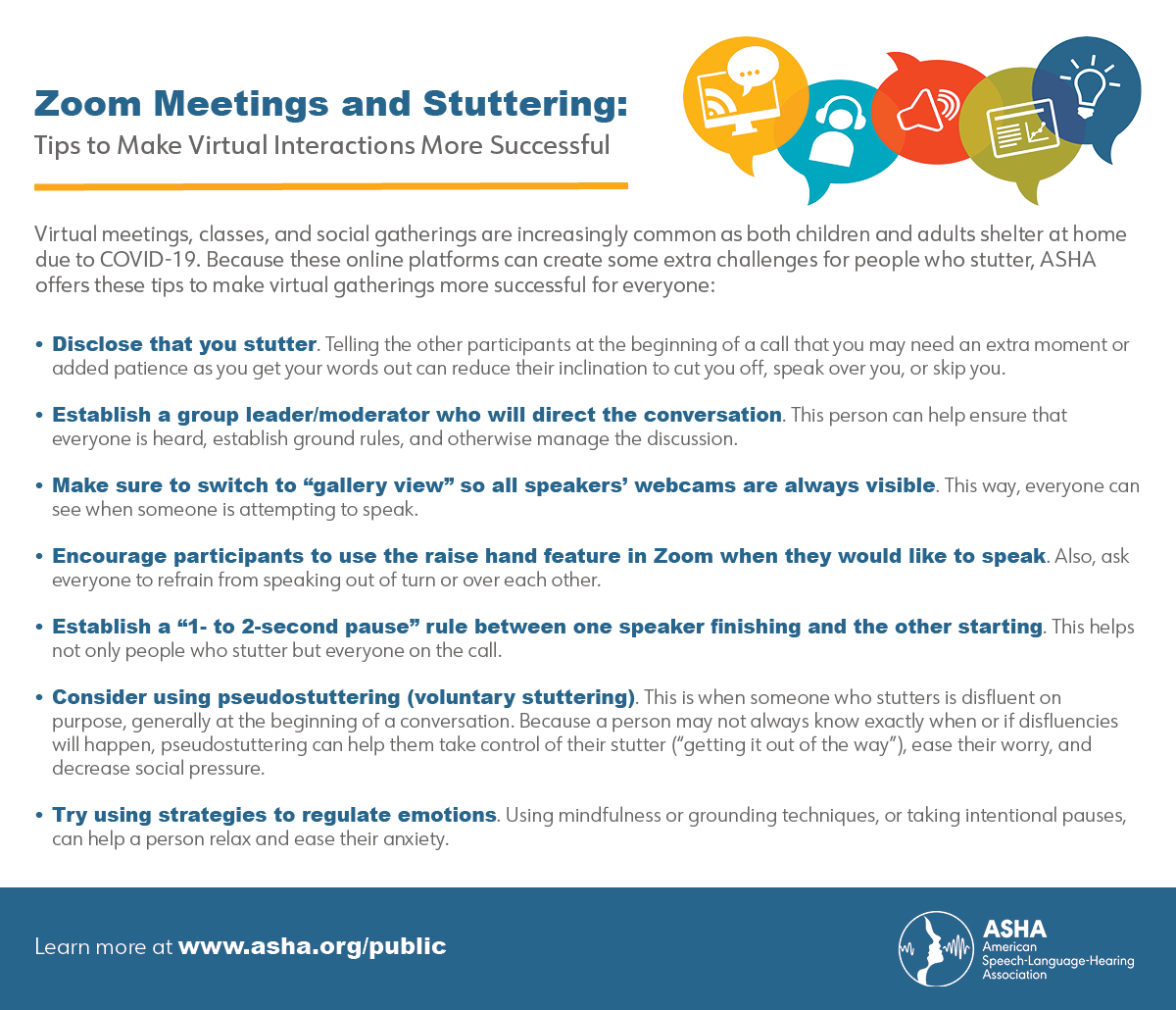 It's all about Zoom as #COVID19 leaves many of us relying on virtual platforms for work, class, and play. But these platforms can pose challenges for people who #stutter. Use these tips to make meetings more inclusive and successful for all! asha.org/stuttering/. #BHSM