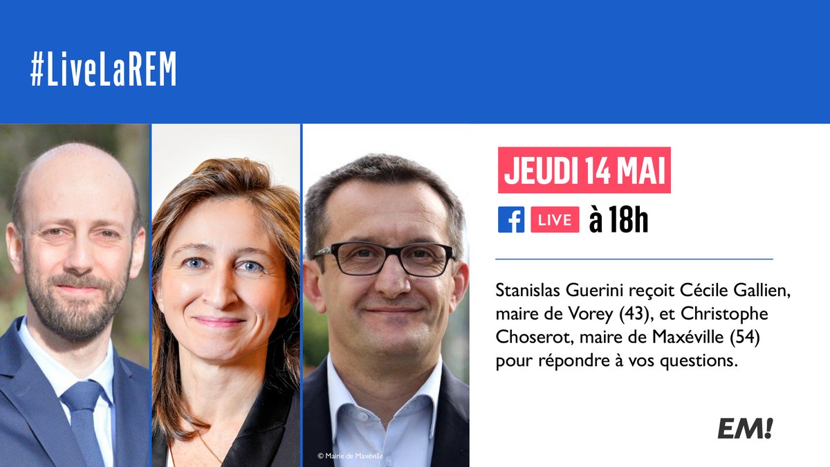 Renaissance's tweet photo. Face à la crise, partout en France, les maires jouent un rôle essentiel pour apporter des solutions sur mesure à l'échelle locale.

Ce soir, @StanGuerini sera en direct avec @CecileGallien et @ChoserotC.

🗓RDV à 18h sur notre page Facebook
Posez-nous vos questions ⤵️
#LiveLaREM https://t.co/IRF0kIqv9P