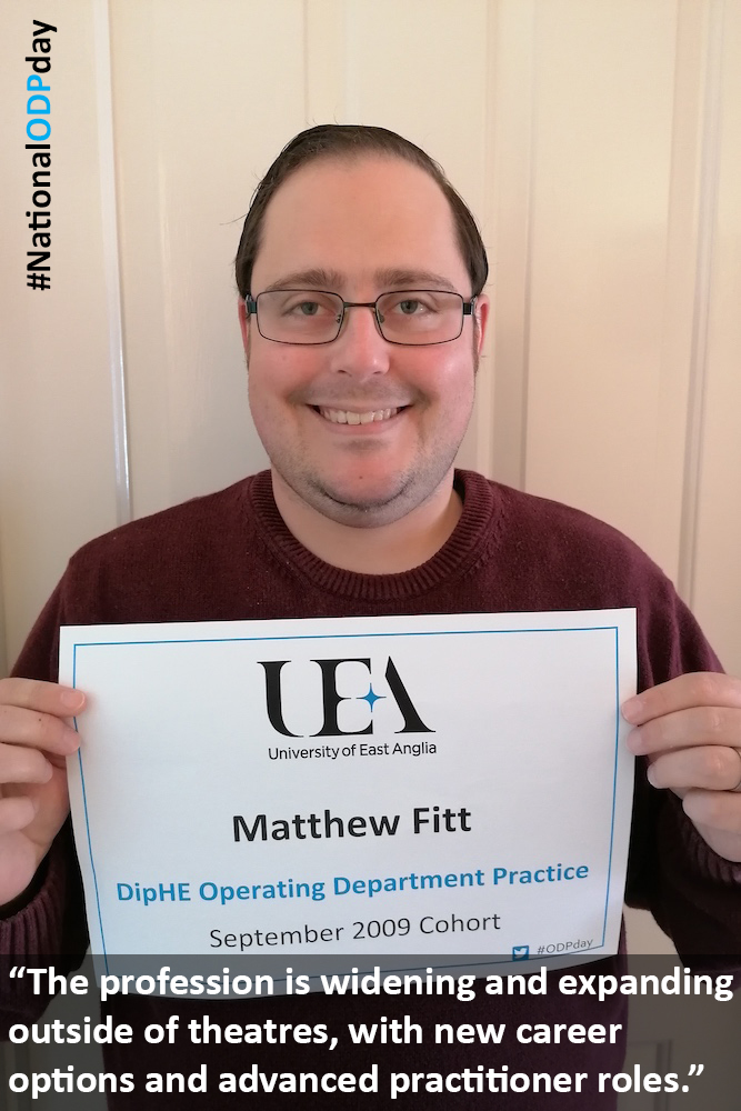 Time for another Alumni member. Matt is from our 2009 cohort. Matt works in the Day procedure unit at  @NNUH across a wide range of surgical specialities. Matt uses the presentation skills he developed as a student to teach his colleagues.  #ODPday  #NationalODPday  #LoveyourODP