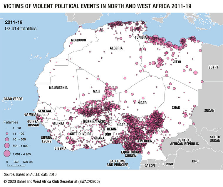 SWAC_OECD's tweet photo. Before #Covid19, the #Sahel was already facing a security crisis with the worst humanitarian needs in years. Since 2011, 20 900 acts of violence have killed more than 92,000 people in North and West Africa. (1/2) https://t.co/M7R7DLTuZD