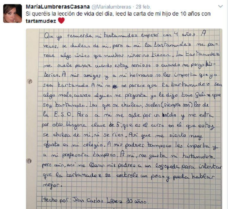 Logonomu's tweet photo. Comparto con vosotrxs la carta que escribió un niño de 10 años con disfemia. Leerla me ha hecho reflexionar y creo que se plasma en esta carta, entre otras muchas cosas, la importancia de trabajar desde edades tempranas la normalización y aceptación de la diversidad. #uv_rtl20 https://t.co/oPPoxVAuhY