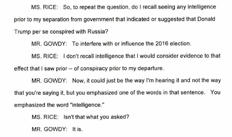 1/ Gowdy vroeg Susan Rice (VN Ambassadeur namens VS (2008 - 2013) en National Security Advisor 2013 - 2017) of ze enig bewijs had gezien van samenwerking tussen Trump en de Russen. Het antwoord is nee. Hearing onder ede: 8 september 2017