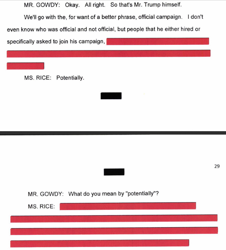 1/ Gowdy vroeg Susan Rice (VN Ambassadeur namens VS (2008 - 2013) en National Security Advisor 2013 - 2017) of ze enig bewijs had gezien van samenwerking tussen Trump en de Russen. Het antwoord is nee. Hearing onder ede: 8 september 2017