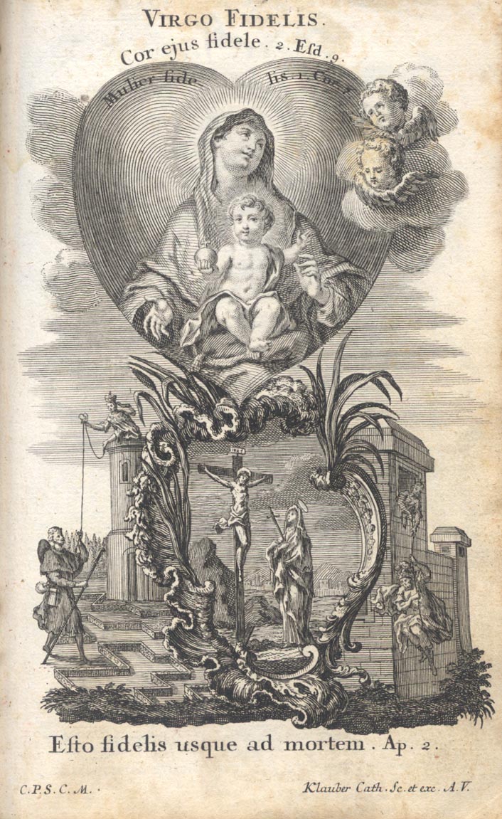 Virgo fidelis, ora pro nobis.Virgin most faithful, pray for us.The Latin inscriptions read:Cor ejus fidele“Her heart is faithful” (Nehemiah 9:8), Mulier fidelis“Faithful woman” (1 Corinthians 7:13),Esto fidelis usque ad mortem“Be faithful unto death” (Apocalypse 2:10)