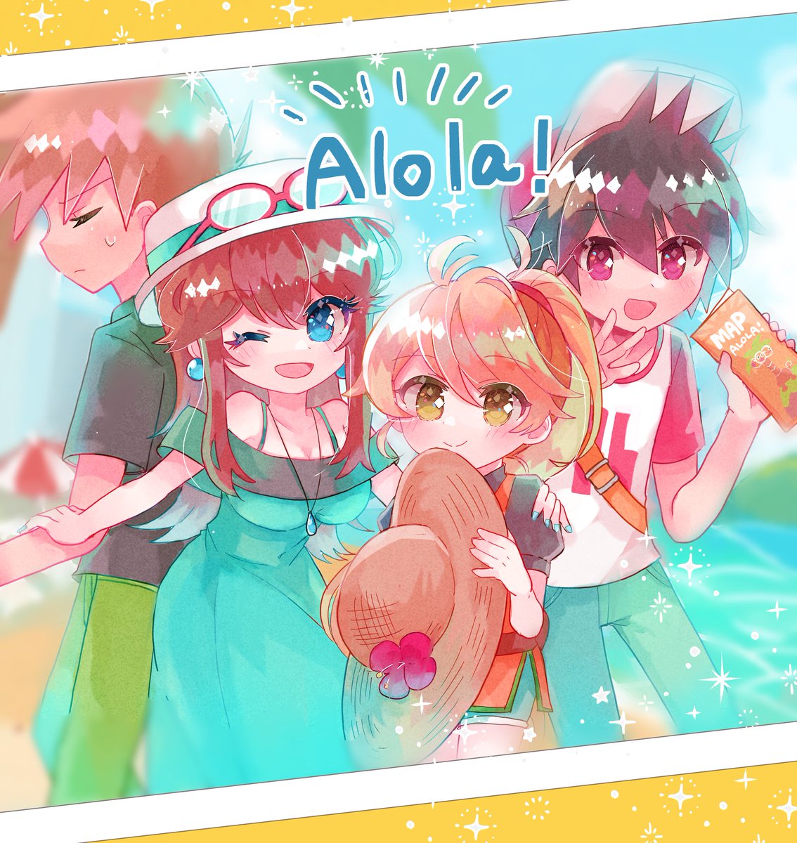 グリーン(ポケモン) ,ブルー(ポケモントレーナー) ,レッド(ポケモン) 「暑くなってきたので、アローラ!なカントー組? 」|ビコのイラスト