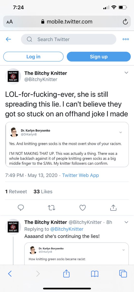 More knitting drama...featuring me! It’s been quiet lately but they never stop spying. This person -  @bitchyknitter - blocked me a while ago but still spies on me every day, as do her minions. They’re REALLY going to love it when my chat with  @RubinReport report comes out soon...
