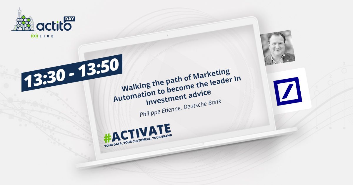 We zijn terug live! De namiddag van de Actito Day Live wordt op gang gebracht door Philippe Etienne, Head of Client Communications bij Deutsche Bank België. Hij zal jullie vertellen hoe DB marketing automation de vruchten van marketing automation plukt. bit.ly/2JRgiZj