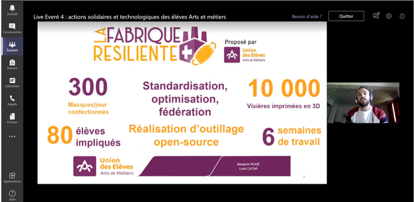 [Solidarité] L'<a href="/UEAM/">Union des Élèves - Arts et Métiers</a> a présenté aujourd'hui aux étudiants et personnels Arts et Métiers 2 actions solidaires mises en place par les étudiants de l'école : la production de 10 000 visières de protection &amp; la fabrication de masques en tissu. Bravo à tous les élèves mobilisés!👏