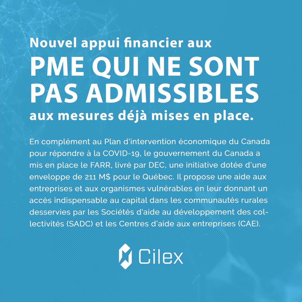 Votre PME n'est pas admissible aux mesures déjà mises en place? Le FARR pourrait vous aider! Contactez-nous pour plus d'informations!

Pour vérifier votre admissibilité:
dec.canada.ca/fra/appui-cibl…