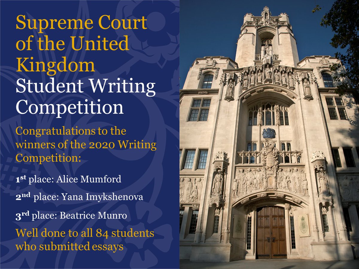 The results of the UKSC's Student Writing Competition are now in. The essays were marked by the judicial assistants and the President of the Supreme Court, Lord Reed, chose the final top 3, who will receive some book tokens as a prize. Well done to all. supremecourt.uk/student-writin…