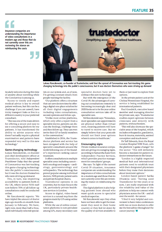 Trustedoctor (@trustedoctor) on Twitter photo Fantastic coverage of #Trustedoctor in the May edition of the Independent Practitioner Today! Realizing the mission of "simplifying access to specialized healthcare". Thank you <a href="/RobinStride/">Robin Stride</a> and the team! Fantastic coverage of #Trustedoctor in the May edition of the Independent Practitioner Today! Realizing the mission of "simplifying access to specialized healthcare". Thank you <a href="/RobinStride/">Robin Stride</a> and the team!