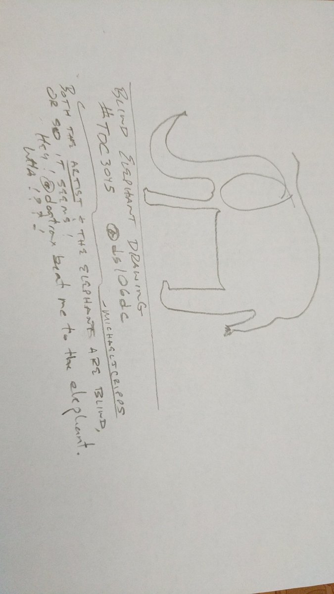 Blindfolded, he draws an elephant that has no eyes. What could that mean? And elephants are his wife's favorites. Curious. This may seem like a copy of @dogtrax and his daily create favorite animal.  But I did all my own work, I promise! #tdc3045 <a href="/ds106dc/">ds106 Daily Create now @creating@daily.ds106.us</a> <a href="/eng304cripps/">Michael Cripps</a>