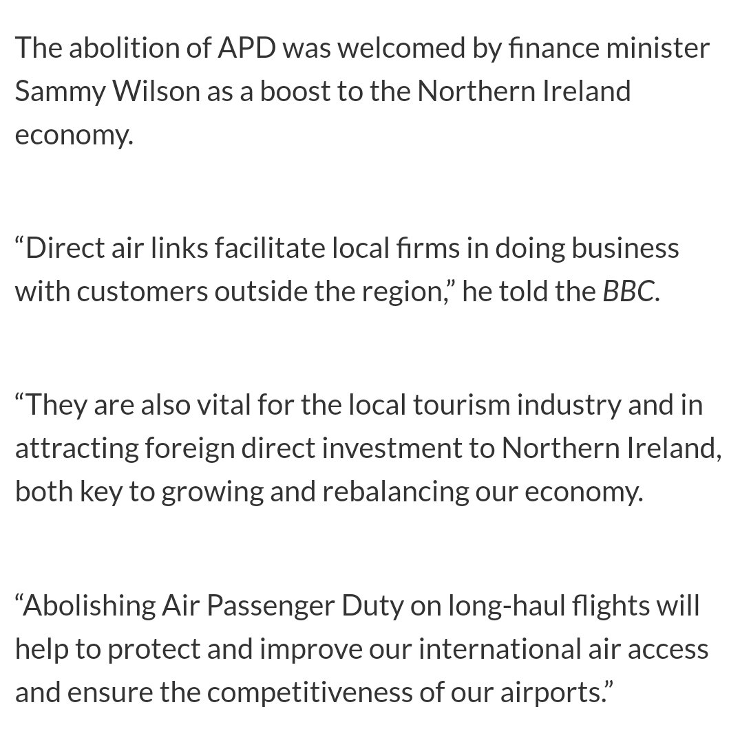 In 2011 the  @niexecutive was trying to protect a single route between Belfast and the US.  @hmtreasury agreed to devolve long haul APD (tax on flights) and the exec promptly reduced the rate to zero. At the time finance minister Sammy Wilson was and remains a major champion:
