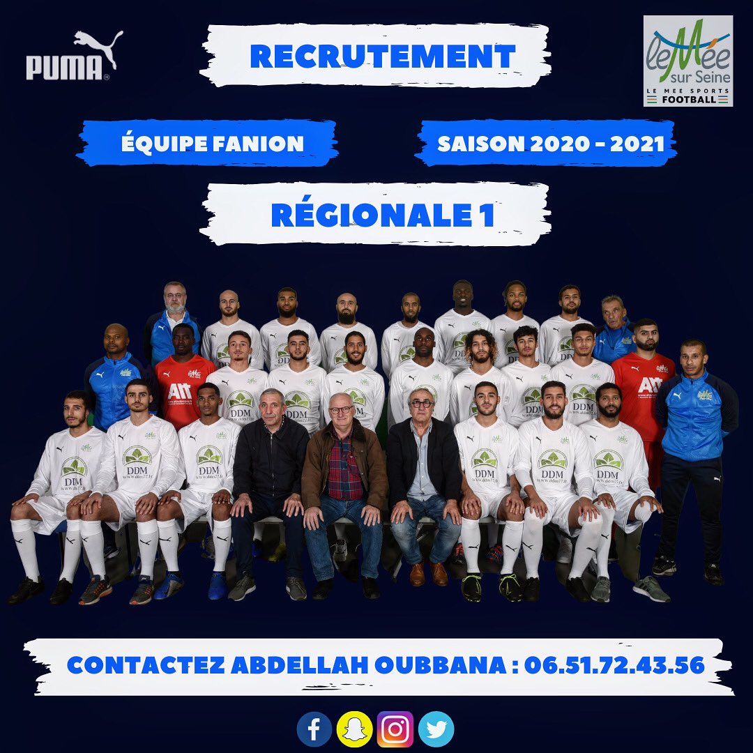 🚨 RECRUTEMENT ÉQUIPE FANION 

▶️ L’équipe fanion du club qui évolue en Régionale 1, le plus haut niveau régional, cherche à renforcer son effectif pour la saison 2020-2021. 

📞 Si le projet vous intéresse, n’hésitez pas à contacter l’entraîneur, Abdellah Oubbana, par téléphone.