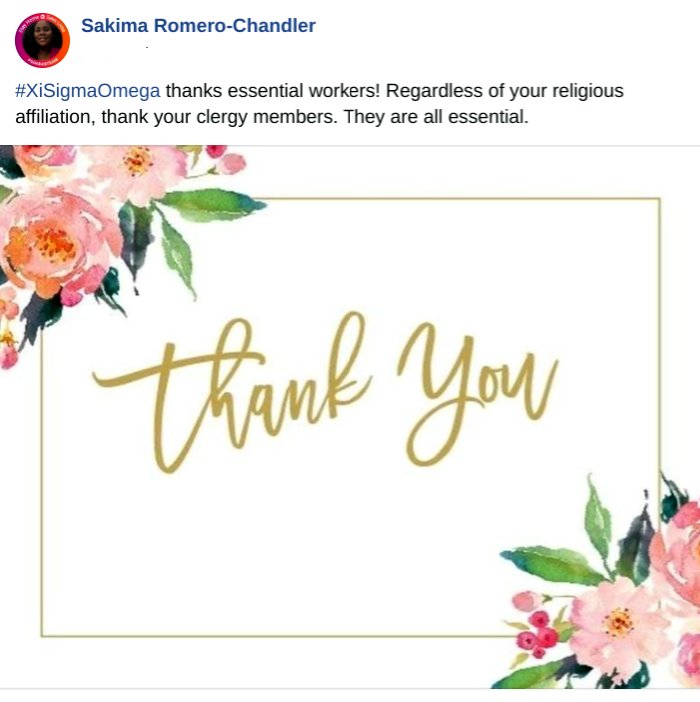 akaxisigmaomega's tweet photo. Day 3 of #AKAXiSO Virtual Spirit Week was #thankyouWednesday. 💕💚💕💚 We recognized and thanked essential workers including Healthcare Workers, Clergy, and Pharmacists. #AKANARatHome #SocialDistancingIsaSERIOUSMatter #AKAStayingHomeFor https://t.co/EfL4toPxQr