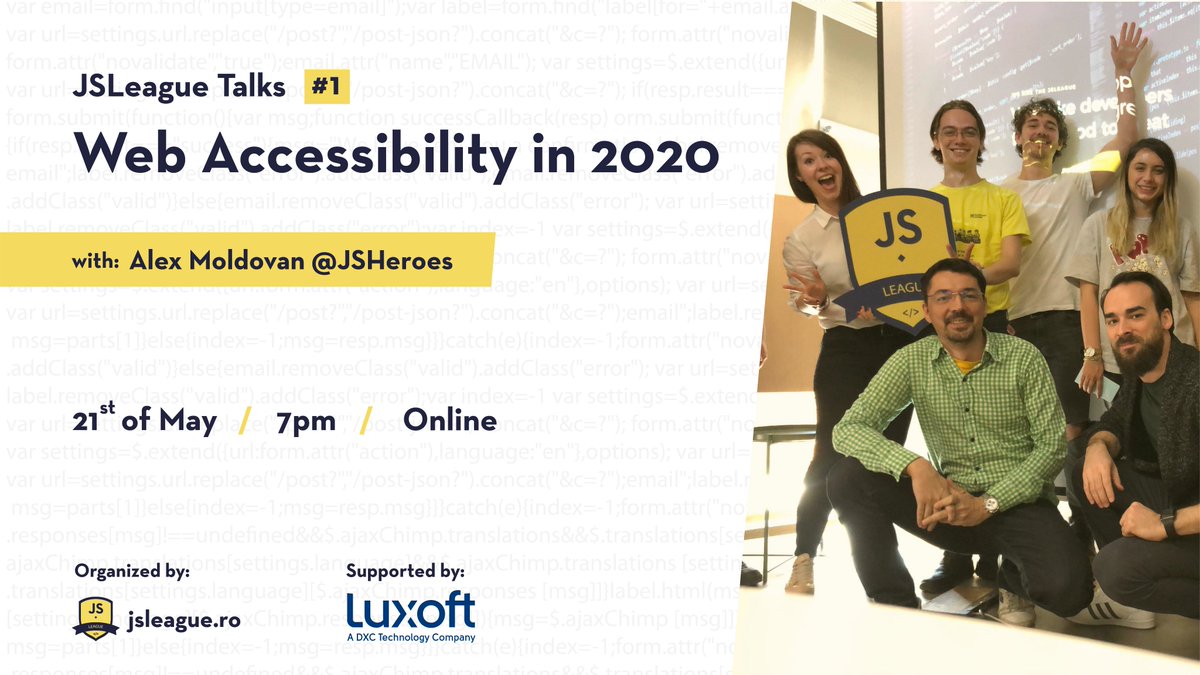 JSLeague_ro's tweet photo. Ever been curious about Web Accessibility? 
Join us and find out JSLeague Talks #1 - Web Accessibility in 2020 🤩

#jsleaguetalks #webaccessibility #GAAD https://t.co/t22eWxAQGP