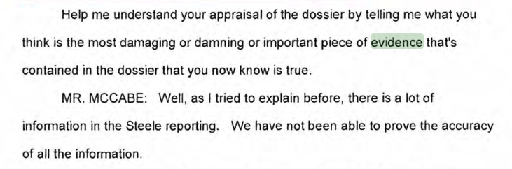 6/ Andrew McCabe - Deputy Director of the FBI - geeft hier aan dat men het Steele Dossier (waar de hele Russia Hoax op gebaseerd is) niet heeft kunnen bevestigen. Dit interview is van 19 december 2017 en Mueller doet al 7 maanden onderzoek naar Russia Collusion!