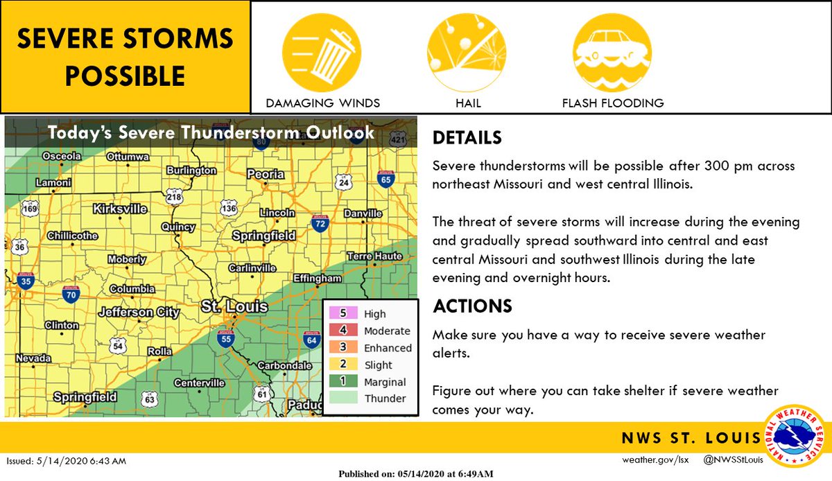 NWSStLouis's tweet photo. Severe Storms possible later this afternoon and especially tonight. Damaging winds and large hail are the primary threats. Have a good way to receive warnings and review your severe weather safety plan ahead of time. #stlwx #mowx #ilwx https://t.co/MjFSRNYQXx