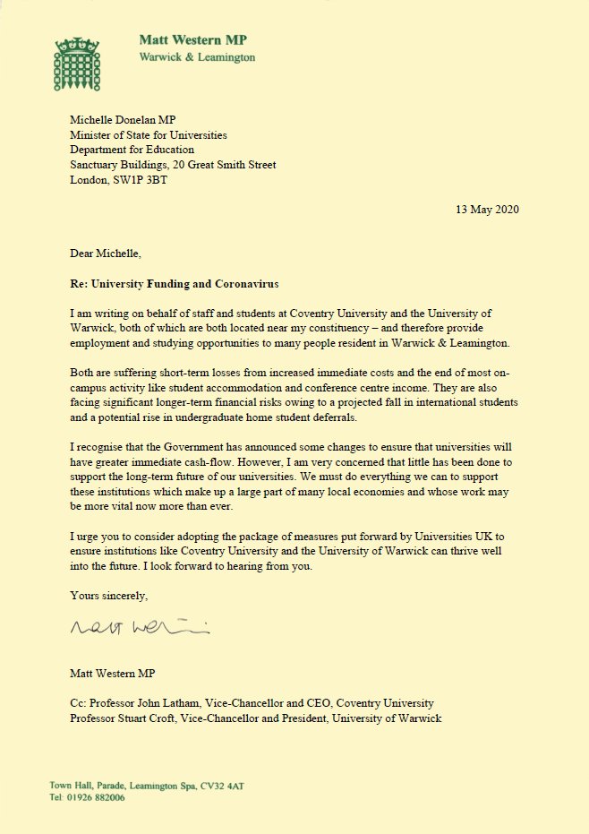 Matt Western MP 🌹 🇬🇧🇨🇦 (@mattwestern_) on Twitter photo I have written to the Government urging them to provide more support to local Universities.
Institutions like <a href="/warwickuni/">University of Warwick</a> and <a href="/covcampus/">Coventry University</a> are vital to our region - providing vast economic, social, and cultural benefits.
Their success will be critical in our recovery. I have written to the Government urging them to provide more support to local Universities.
Institutions like <a href="/warwickuni/">University of Warwick</a> and <a href="/covcampus/">Coventry University</a> are vital to our region - providing vast economic, social, and cultural benefits.
Their success will be critical in our recovery.