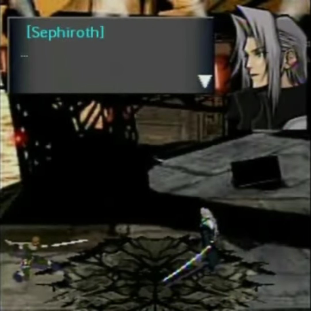 Anyway, remember how Sephiroth's massacre feels like a mindless obeying of orders?Well, Elfé confronts him on his reason to fight. It goes like this: