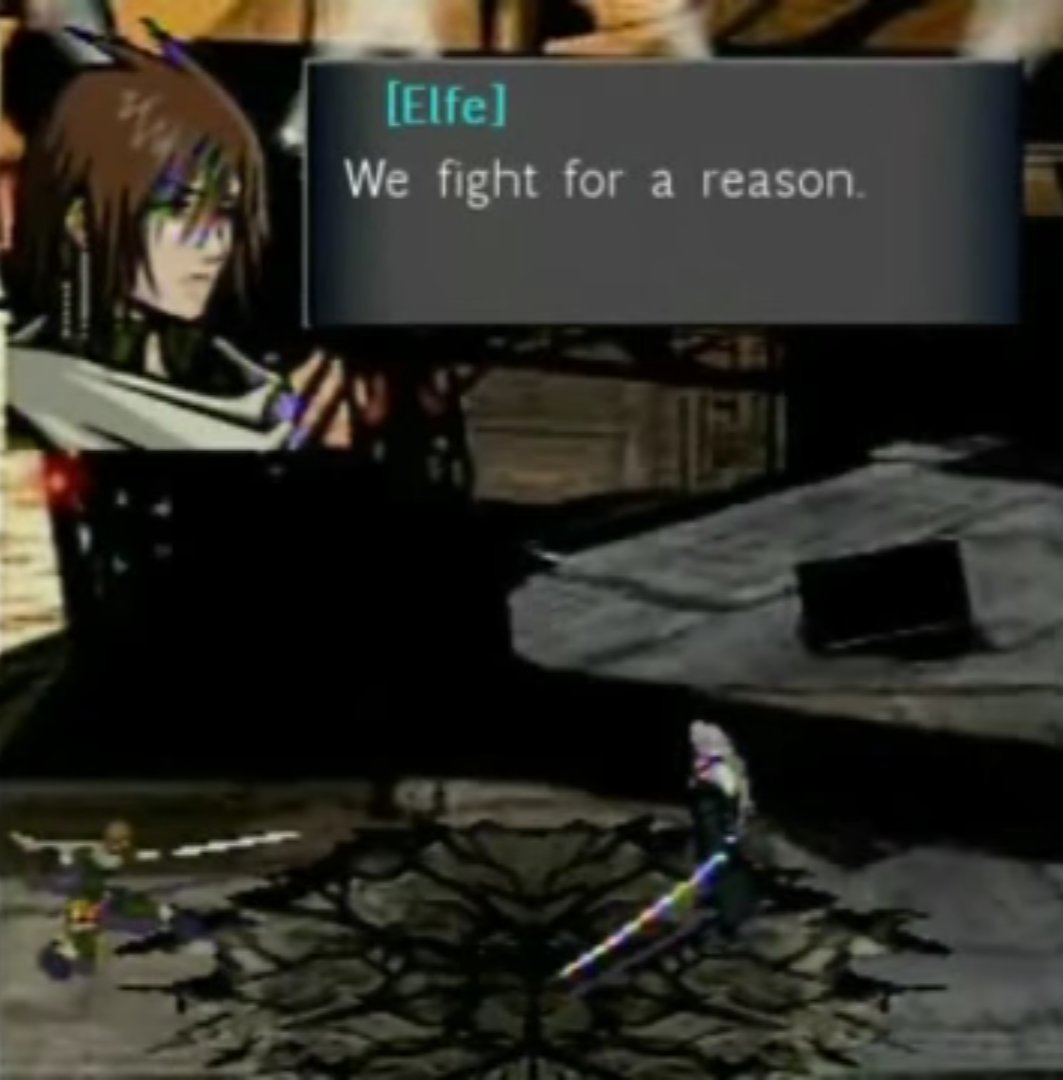 Anyway, remember how Sephiroth's massacre feels like a mindless obeying of orders?Well, Elfé confronts him on his reason to fight. It goes like this: