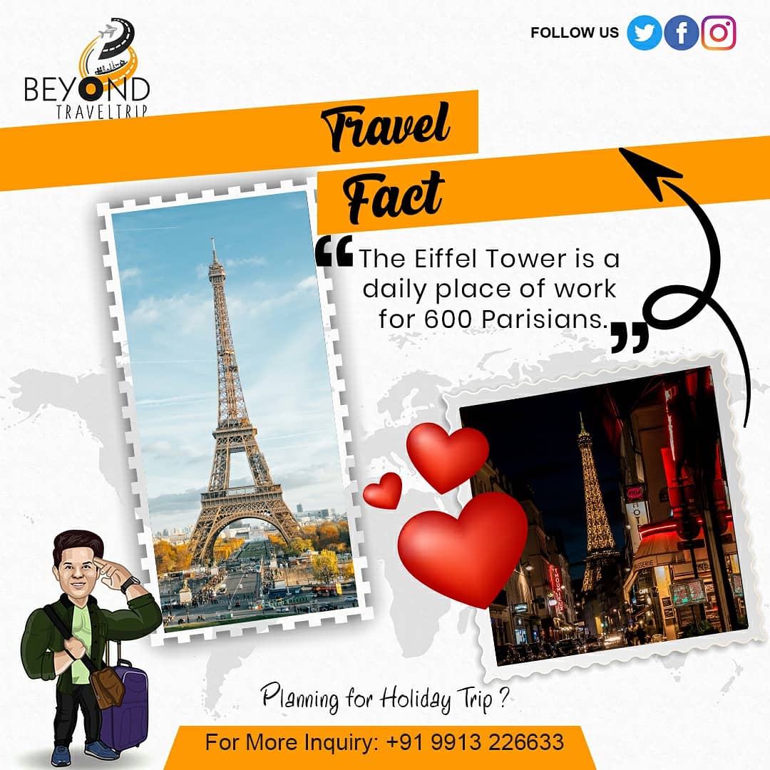 BTraveltrip's tweet photo. The Eiffel tower is a daily place of work for 600 Parisians. 
#beyondtraveltrip #beastoryteller #travelfacts #travel #travelgram #travelblogger #travelphotography #traveltips #travelnow #wanderlust #travelingpetsitter #travelborneo #travelfactor #travelphilipines #funfacts https://t.co/UHyN7HAusL