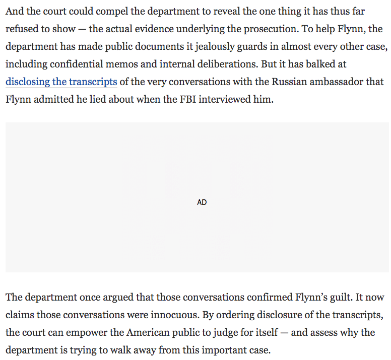 Judge Gleeson says DOJ has revealed *everything* in the Flynn case--everything except transcript of Flynn-Kislyak conversation. That's it! That will prove Flynn is guilty once and for all! 1/4  http://ow.ly/9JQ650zG3dr 